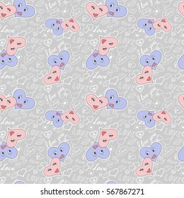 Seamless pattern of hearts and handwriting. valentines day on a background
