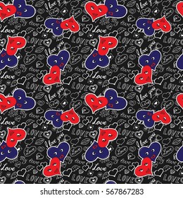 Seamless pattern of hearts and handwriting. valentines day on a background
