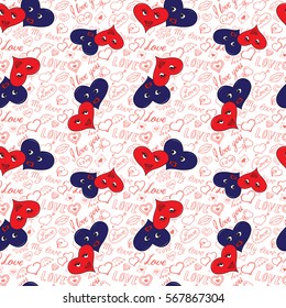 Seamless pattern of hearts and handwriting. valentines day on a background
