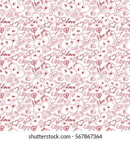Seamless pattern of hearts and handwriting. valentines day on a background
