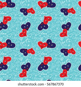 Seamless pattern of hearts and handwriting. valentines day on a background
