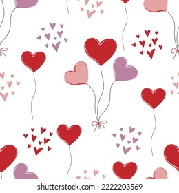 Seamless pattern of hearts and heart shaped balloons on white background. Hand drawn Valentine's Day template. Design print to social media,  textile, wallpaper, wrapping paper, flyer, home decor