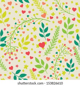Seamless pattern with hearts and herbs