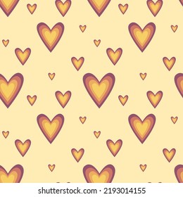 Patrón sin brillo con corazones en estilo hippie en colores retro. Para el diseño textil, de fondo, de producto