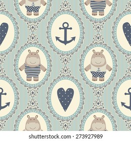 Seamless pattern with hearts and hippos.