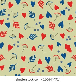 Seamless pattern of hearts, holly and Holly berries and viburnum on a transparent background, the ability to replace the background color