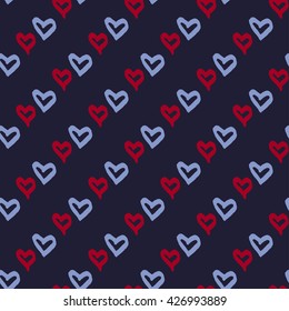 Seamless pattern with hearts. Ink and brush. Hand painted background.