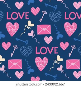 Seamless pattern with hearts and the inscription Love on a blue background. Cute romantic items. Vector.