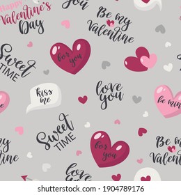 Seamless pattern with hearts and inscriptions Vector illustration for wrapping paper and scrapbooking