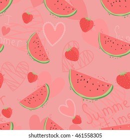 Seamless pattern with hearts, inscriptions and watermelons