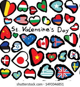 Seamless pattern with hearts, inside which are flags of different countries. For the feast of St. Valentine. In honor of the unification of the world between all countries