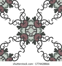Seamless pattern with hearts, interlaced spirals and birds. Colors white, green, dark red and dark grey. Retro, vintage. Vector.	
