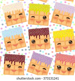 seamless pattern with hearts Kawaii Belgium waffles with pink cheeks and winking eyes, pastel colors polka dot background. Vector