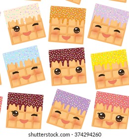 seamless pattern with hearts Kawaii Belgium waffles with pink cheeks and winking eyes, pastel colors on white background. Vector