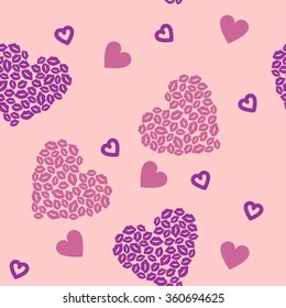 Seamless pattern with hearts and kisses on pink background