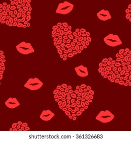 Seamless pattern with hearts and kisses on red background