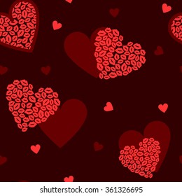 Seamless pattern with hearts and kisses on a dark red background