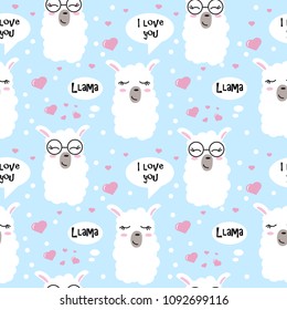 Seamless pattern with hearts and lama faces. Cute llama head drawings with lettering and different emotions. Hand drawn vector pattern with alpaca for cards, t-shirts, cases, textile.