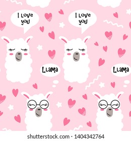 Seamless pattern with hearts and lama faces. Cute llama head drawings with lettering and different emotions. Hand drawn vector pattern with alpaca for cards, t-shirts, cases, textile.