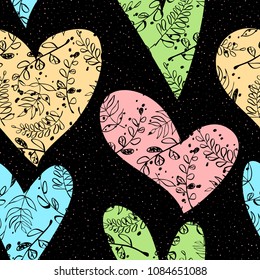 Seamless pattern with hearts, leaves, branches on a black background with pink sprays. Vector illustration