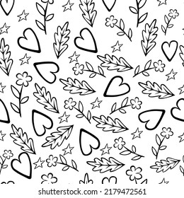 Seamless pattern with hearts, leaves and flowers. Funny doodle aesthetic print for fabric, paper, t-shirt. Vector illustration of doodles for decoration and design