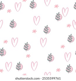 Seamless pattern with hearts and leaves, flowers. Vector illustration for wrapping paper, Valentine's Day, wedding.