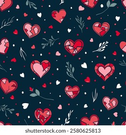 seamless pattern with hearts and leaves on a dark navy blue background. Romantic Valentines day backdrop with stylized hearts and floral elements for textile, wrapping, scrapbook, web.