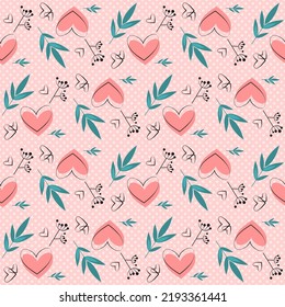 Seamless pattern with hearts and leaves. Romantic background with polka dots for Valentine's Day, wedding and holiday. Delicate floral template for postcards, wrapping paper, clothes.