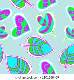 Seamless pattern with hearts, leaves,spirals, spots , doodles, dashed lines, tags . Hand drawn.
