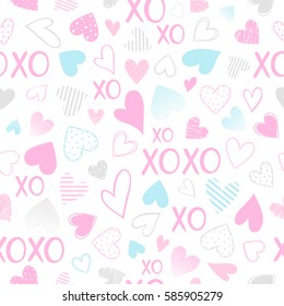 Seamless pattern with hearts and lettering. Romantic illustration perfect for design greeting cards, prints, flyers,cards,holiday invitations and more. Vector Valentines Day card.