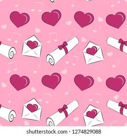 Seamless pattern with hearts, letters, envelopes. It's a design on the pink background with music notes. 