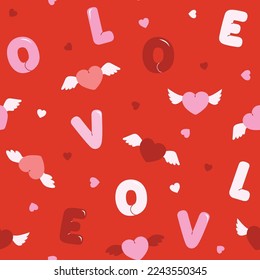 Seamless pattern with hearts and letters L,O,V,E. Vector design