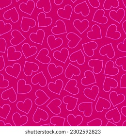 Seamless pattern of hearts with a light outline on a pink background. Declaration of love, background for girls in love.