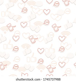 Patrón sin problemas con corazones a los que les gusta los pulgares hacia arriba plataforma de medios sociales ilustración vectorial plana sobre fondo blanco