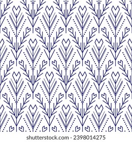 Seamless pattern with hearts and lines. Northern ethnic  ornament vector illustration. Blue elements on white background. Botanically inspired design for printing. Clothes with winter mood. 