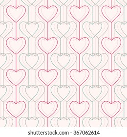 Seamless pattern. Hearts and lines. For Valentine's Day. Geometric. Stylized texture with hearts and circles. Pale colors. Abstract background.