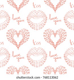 Seamless pattern with hearts, lips and inscriptions "I love you" and "kiss" painted with small strokes. The vector image is in red.