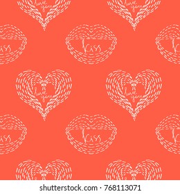 Seamless pattern with hearts, lips and inscriptions "I love you" and "kiss" painted with small strokes. The vector image is in red.