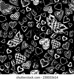 Seamless pattern with hearts, lips, love and kisses.Hand drawn.