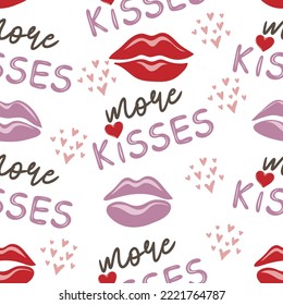 Seamless pattern of hearts, lips and more kisses text on white background. Hand drawn Valentine's Day template. Design print to social media,  textile, wallpaper, wrapping paper, flyer, home decor