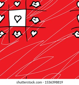 Seamless pattern of hearts and lips on a red background. Drawn by hand. Festive design for Valentine's day, wedding.