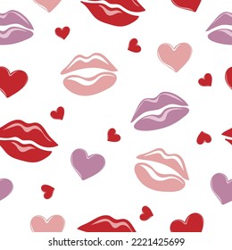 Seamless pattern of hearts and lips on white background. Hand drawn Valentine's Day template. Design print to social media,  textile, wallpaper, wrapping paper, flyer, home decor