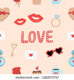 Seamless pattern with hearts, lips, ring, rose, love word, cupcake, cup of coffee, box with bow, sunglasses, etc. Illustration for fabric, scrapbooking, wrapping paper.