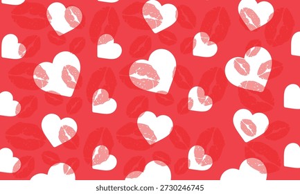 patrón sin fisuras con corazones, beso de lápiz labial patrón de fondo sin fisuras, perfecto para la moda, la belleza y los diseños de San Valentín. Ideal para textiles, decoraciones y temas románticos.
