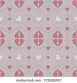 Seamless pattern with hearts and little hearts. Color grey, cream ivory and red. Pastel colors. Vector