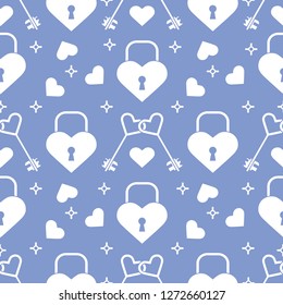 Seamless pattern with hearts, lock, keys in heart shape. Greeting card happy Valentine's Day. Romantic background. Design for banner, poster or print.
