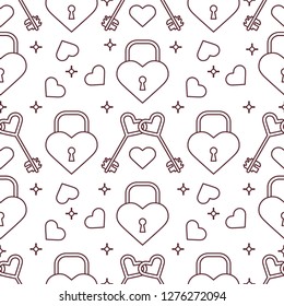 Seamless pattern with hearts, lock, keys in heart shape. Greeting card happy Valentine's Day. Romantic background. Design for banner, poster or print.