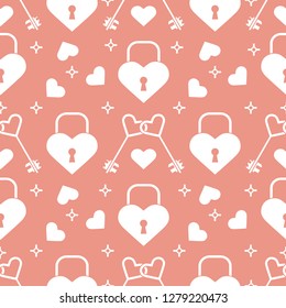 Seamless pattern with hearts, lock, keys in heart shape. Greeting card happy Valentine's Day. Romantic background. Design for banner, poster or print.