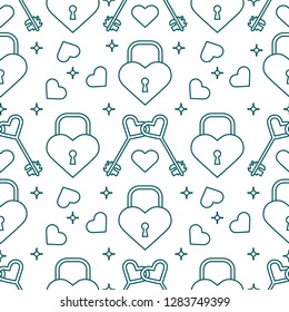 Seamless pattern with hearts, lock, keys in heart shape. Greeting card happy Valentine's Day. Romantic background. Design for banner, poster or print.