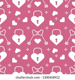 Seamless pattern with hearts, lock, keys in heart shape. Greeting card happy Valentine's Day. Romantic background. Design for banner, poster or print.